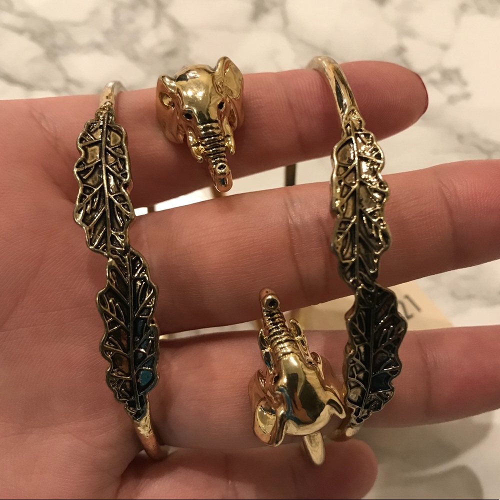 NWT Forever 21 Elephant Gold Cuff and Leaf Bangles